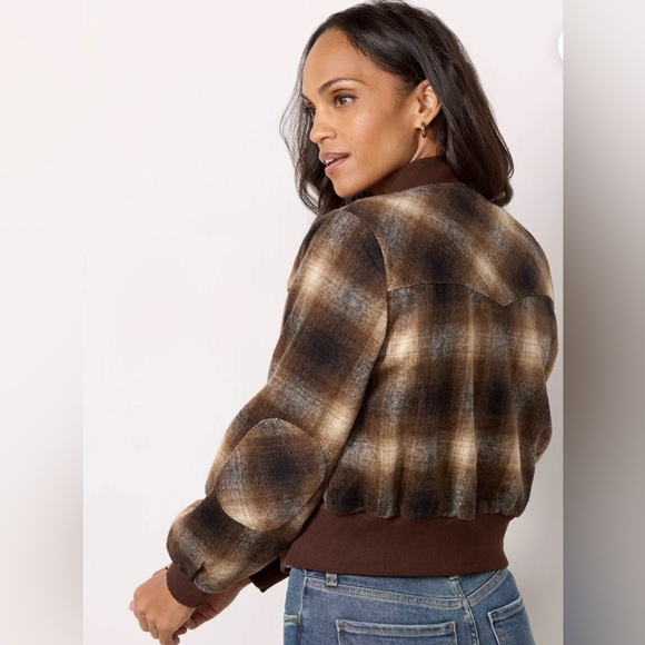 Kut from the Kloth Women's Brown and Cream Plaid Bomber Jacket - Picture 3 of 3